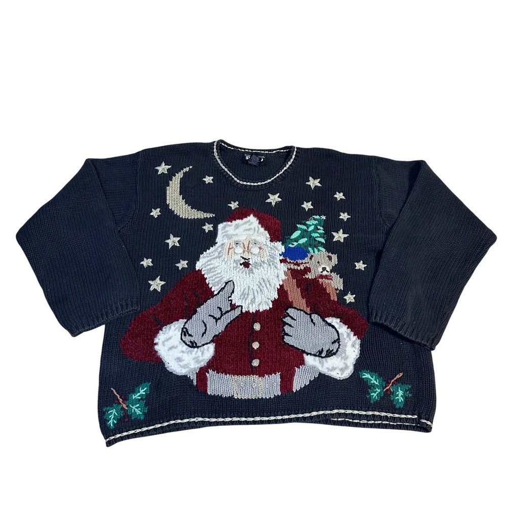 STUDIO Designers Originals Santa Claus Christmas Sweater L Embroidered